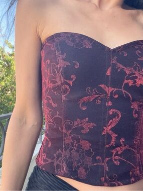 Gothic Strapless Burgundy Floral Brocade Corset Top Vintage Inspired Y2K